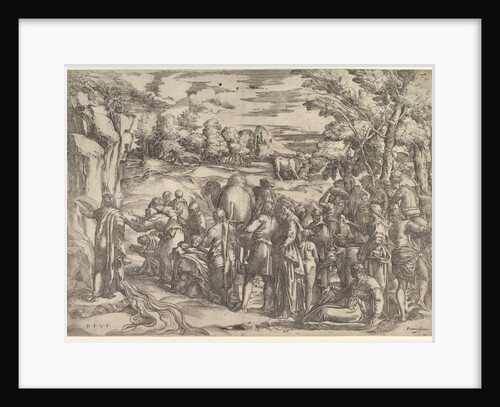 Moses Drawing Water from the Rock, at left with water flowing, various figures and …, ca. 1552-61 by Battista Franco Veneziano