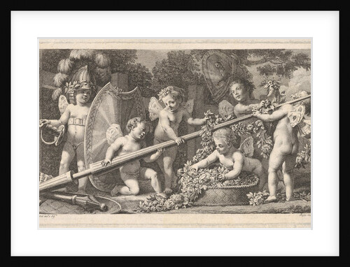 Six putti playing with the arms of Mars, four holding onto a large lance, one on the left …, 1769 by Bossi