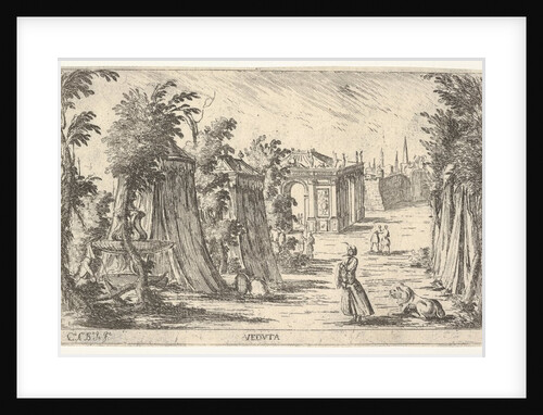 View with a man in a turban and a lion standing at right, tents and classical archite…, 1680-1710 by Carlo Antonio Buffagnotti