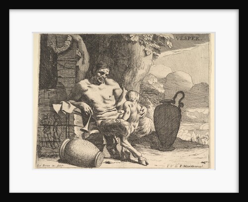 Evening: a seated satyr clasps his child, a figure hangs a garland on a pier beyond, f…, ca. 1640 by Charles le Brun