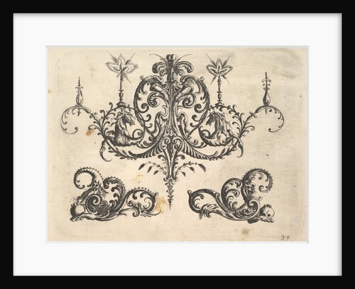 A fantastic chandelier with burning candles and arabesques, some ending in fantastic horse…, 1610 by Christoph Jamnitzer