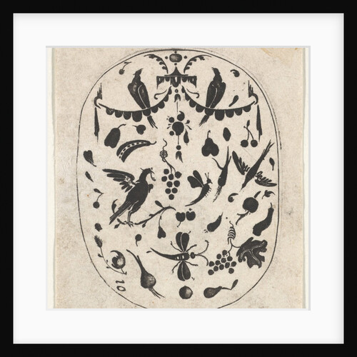 Oval Blackwork Print with Birds, Insects and Fruits, ca. 1620 by Claes Jansz Visscher