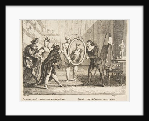 Pierrot and Scaramouche show the portrait of Harlequin by Claude Gillot/Jacques Gabriel Huquier