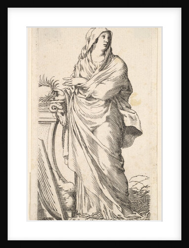 Robed woman standing next to a plinth, her right hand bears a palm branch, a harp r…, ca. 1620-88 by Claude Mellan