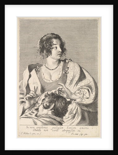 Delilah preparing to cut Samson's hair with scissors in her right hand, below her ches…, ca. 1629 by Nicolas Viennot