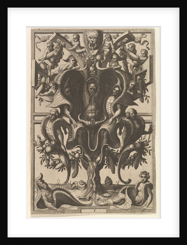 Auricular Cartouche with Figures within a Strapwork Frame from Veederley Veranderinghe van…, 1556 by Johannes van Doetecum I/Lucas van Doetecum