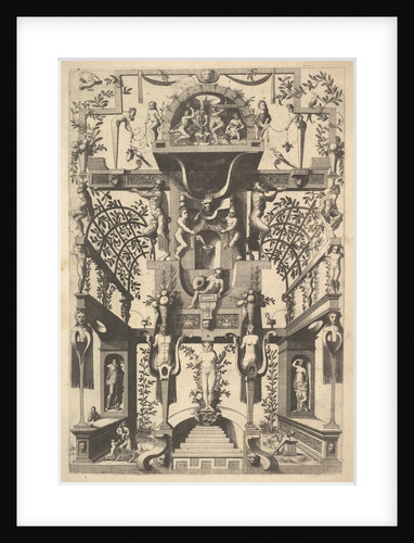 Fantastic Architecture Structure with Strapwork and Two Pergolas and a Small Scene with Vu…, 1557 by Cornelis Floris II