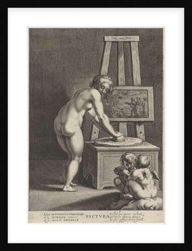 Pictura: allegory of painting, with a nude woman at center grinding pigments, two p…, ca. 1610-50 by Cornelis Galle I