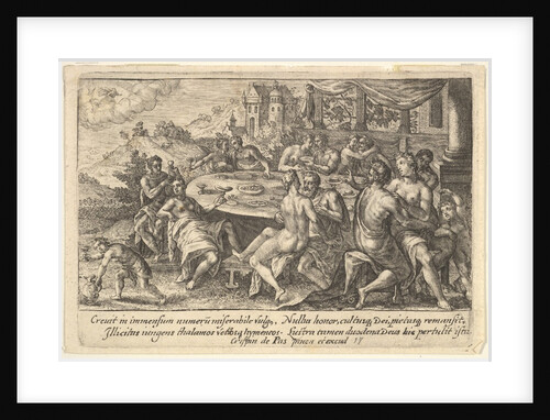 Mankind surrendering to lechery before the Flood: embracing couples on benches around a ta…, 1612 by Crispijn de Passe I