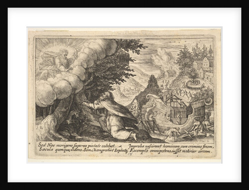 Noah kneeling before God at left, the construction of the ark underway beyond, from a seri…, 1612 by Crispijn de Passe I