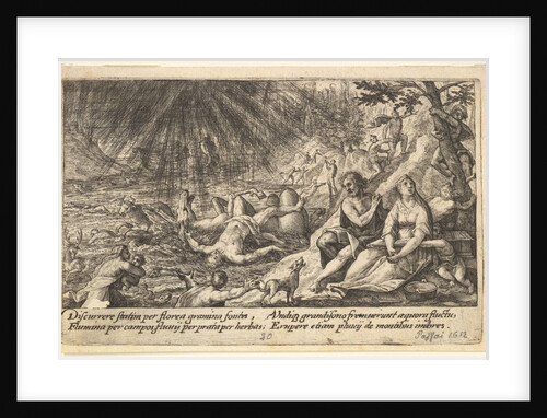 The beginning of the Flood: men and women climb to higher ground at right, water overtakin…, 1612 by Crispijn de Passe I