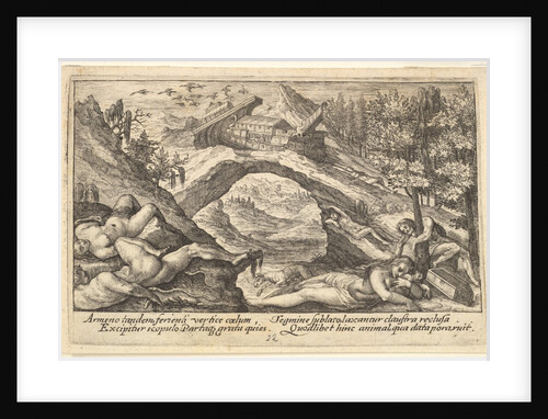 Aftermath of the Flood: human bodies strewn on dry land in the foreground, Noah's ark moor…, 1612 by Crispijn de Passe I