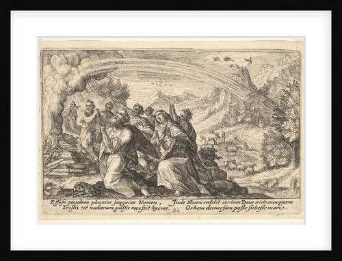 God enters into a covenant with Noah: next to a smoking pyre Noah kneels in a gesture of p…, 1612 by Crispijn de Passe I