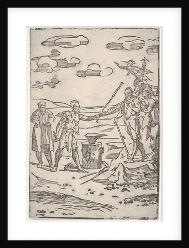 The forger standing by an anvil pulling a man in chains, from the series 'The var…, ca. 1540-1550 by Domenico Beccafumi