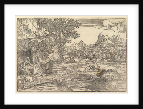 Landscape with Saint Jerome at left looking towards lion and bear fighting at cente…, ca. 1530-35 by Domenico Campagnola