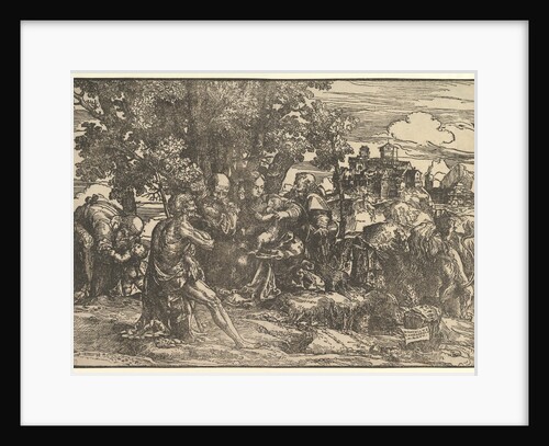 Mary seated beneath trees with baby, flanked by Joseph at left and St. Jerome at right; St…, 1517 by Domenico Campagnola