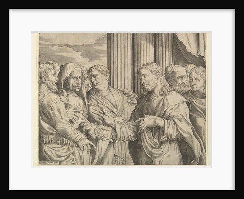 The Triubute Money: Christ at center right gesturing to man at his left with coins …, ca. 1564-89 by Domenico Campagnola