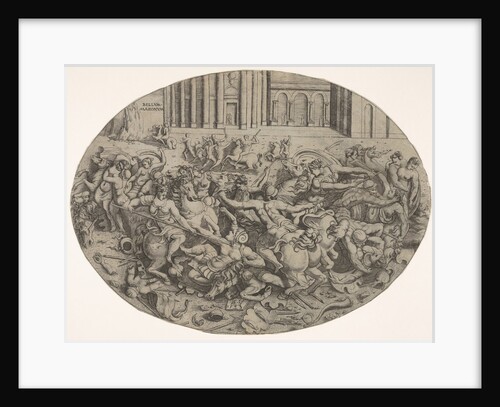 Combat between Amazons and men in front of architectural arcades, an oval composition with…, 1543 by Enea Vico