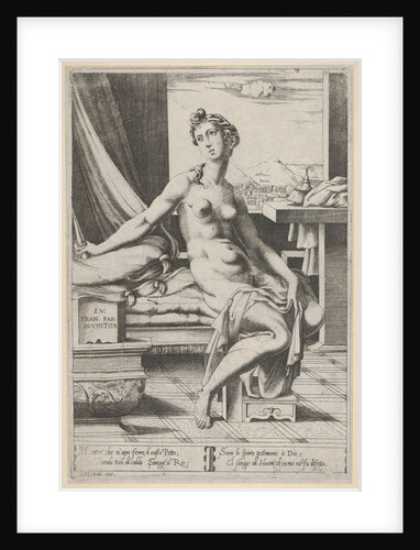 Lucretia naked and seated before a window, a dagger in her right hand and holding d…, ca. 1535-67 by Enea Vico