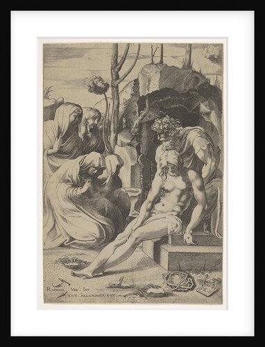 Entombment of Christ, whose chest is grasped by Joseph of Arimathea, with two kneeling and…, 1543 by Enea Vico