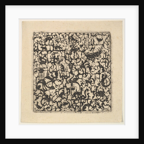 Square Blackwork Design in Silhouette Style with Schweifwerk and Grotesque Figures, 1617 by Esaias von Hulsen