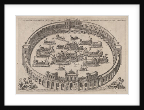 Naval engagement set inside a Roman arena, with the river Tiber and nymphs at lower lef…, 1577-85 by Etienne Duperac