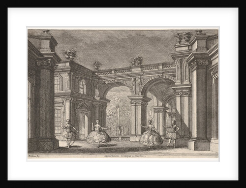Two ladies and two gentlemen dancing within an ornate architectural setting, a fountain at…, 1765 by Francesco Galli Bibiena