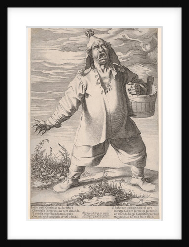 Geminiano Caldarostaro crying out and holding a tub, with a tasseled hat , ca. 1597-1601 by Francesco Villamena