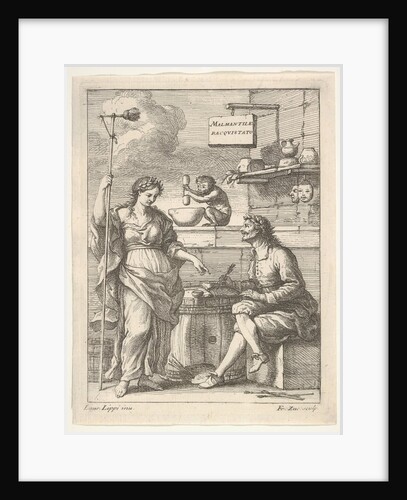 A monkey working a mortar and pestle, below Lorenzo Lippi writing his humorous …, ca. 1710-64 by Francesco Zuccarelli