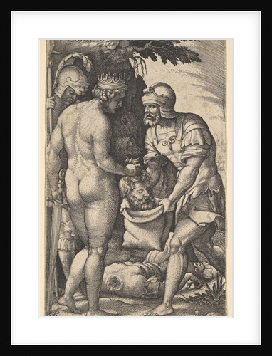 Tomyris, shown nude from behind, placing the head of Cyrus into a sack held by a soldi…, ca. 1539 by Georg Pencz