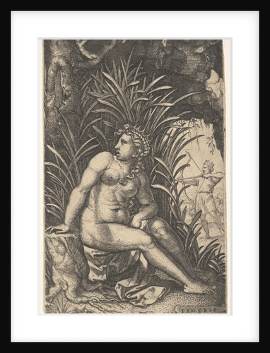 Cephalus and Procris: Procris turns her head over her right shoulder while seated nude in …, 1539 by Georg Pencz