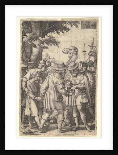 Joseph sold to the merchants: a bearded man grasping Joseph with his left hand receives co…, 1546 by Georg Pencz