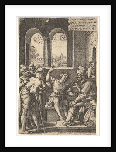 Joseph explains his dream to his brothers and father in an interior setting; the sun, moon…, 1544 by Georg Pencz