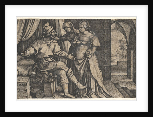 Sarah presenting Hagar to Abraham, who sits at the foot of a bed, from the series 'The…, ca. 1543 by Georg Pencz