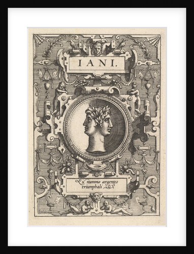 Bust of Janus surrounded by strapwork, from the series 'Deorum dearumque,' a set of images…, 1573 by Johannes van Doetecum I/Lucas van Doetecum