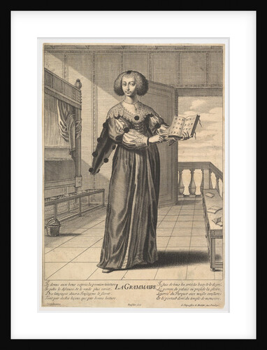 Grammar: a young woman standing in a decorated interior holding an open book in her lef…, 1633-35 by Gilles Rousselet