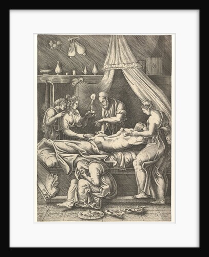 An allegory of sickness, man laying prostrate on a bed surrounded by figures, ca. 1540 by Giorgio Ghisi