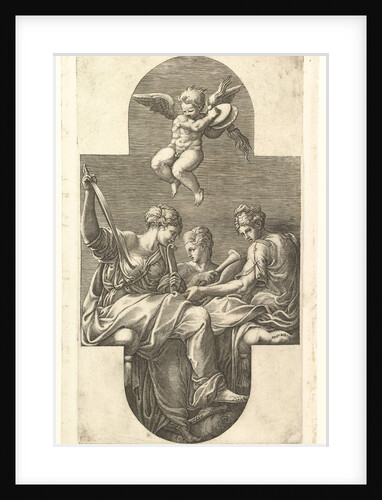 Three Muses and a Putto with Cymbals, a cruciform composition, from a series of eight com…, 1560s by Giorgio Ghisi
