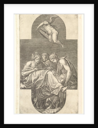 Three Muses and a Putto with a Lyre, a cruciform composition, from a series of eight comp…, 1560s by Giorgio Ghisi