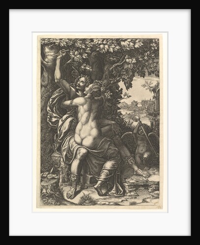 Angelica and Medoro; the couple embracing, Medoro carving their names in the bark of a…, ca. 1570 by Giorgio Ghisi