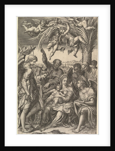 Rest on the Flight into Egypt; the Holy Family under a palm tree surrounded by angels, put…, 1578 by Giorgio Ghisi