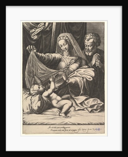 Madonna of Loreto, the Virgin lifts a veil above the Child, who lies on a bed and pillow…, 1575 by Giorgio Ghisi