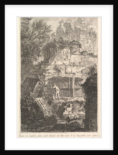 Ruins of an ancient tomb in front of ruins of an ancient aqueduc by Giovanni Battista Piranesi
