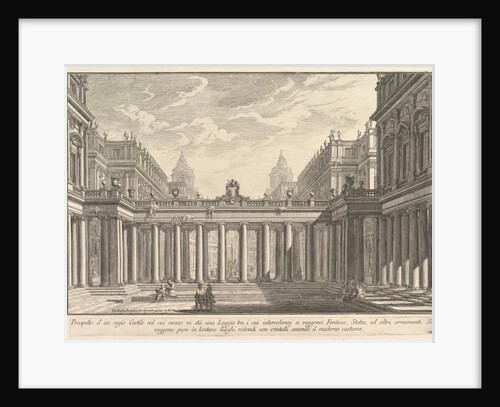 View of a courtyard with a loggia, fountains, statues, and other ornament by Giovanni Battista Piranesi