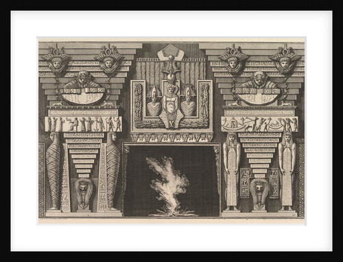 Chimneypiece in the Egyptian style: Two mummies in profile on the left and two figures…, ca. 1769 by Giovanni Battista Piranesi