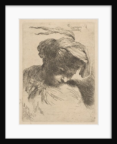 Young man looking down to right, from the series of 'Small Heads in Oriental Headdr…, ca. 1645-50 by Giovanni Benedetto Castiglione