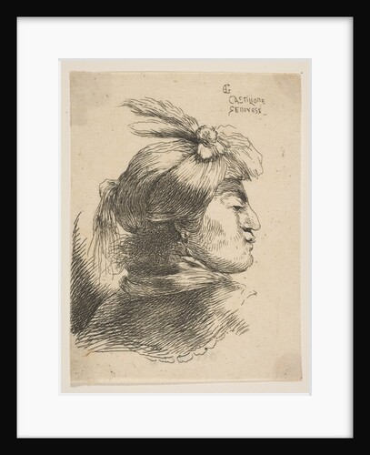 Man wearing a small turban Oonamented with plumes and ribbon, facing right, from …, ca. 1645-1650 by Giovanni Benedetto Castiglione
