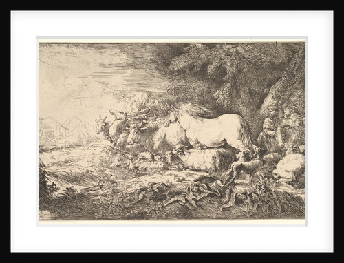 Entry of the animals into Noah's ark, three men follow quadrupeds and birds stridin…, ca. 1650-55 by Giovanni Benedetto Castiglione