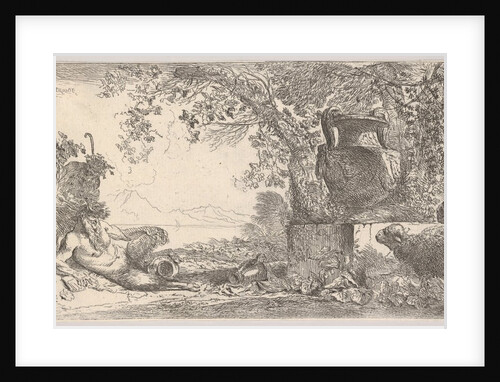 Pan reclining at left with two standing satyrs, a large vase on a pedestal at right, ca. 1645 by Giovanni Benedetto Castiglione