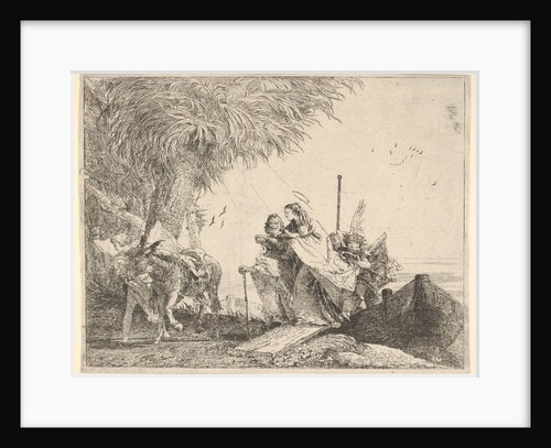 Mary, helped by Joseph and an angel, stepping from a boat to the shore, an angel steadies …, 1753 by David Giovanni